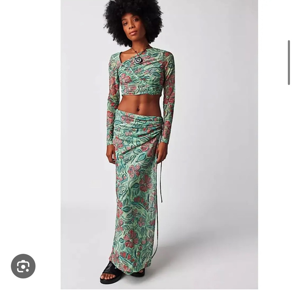 Free People Supernova Asymmetrical Ruched Mesh Printed top Skirt Set